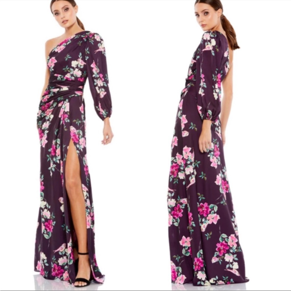 Mac Duggal Ieena 2634 One Shoulder Floral Satin Gown Plum Size Small NEW
